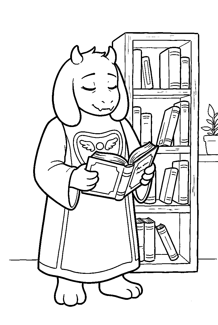 undertale toriel holding a book beside a bookshelf line art