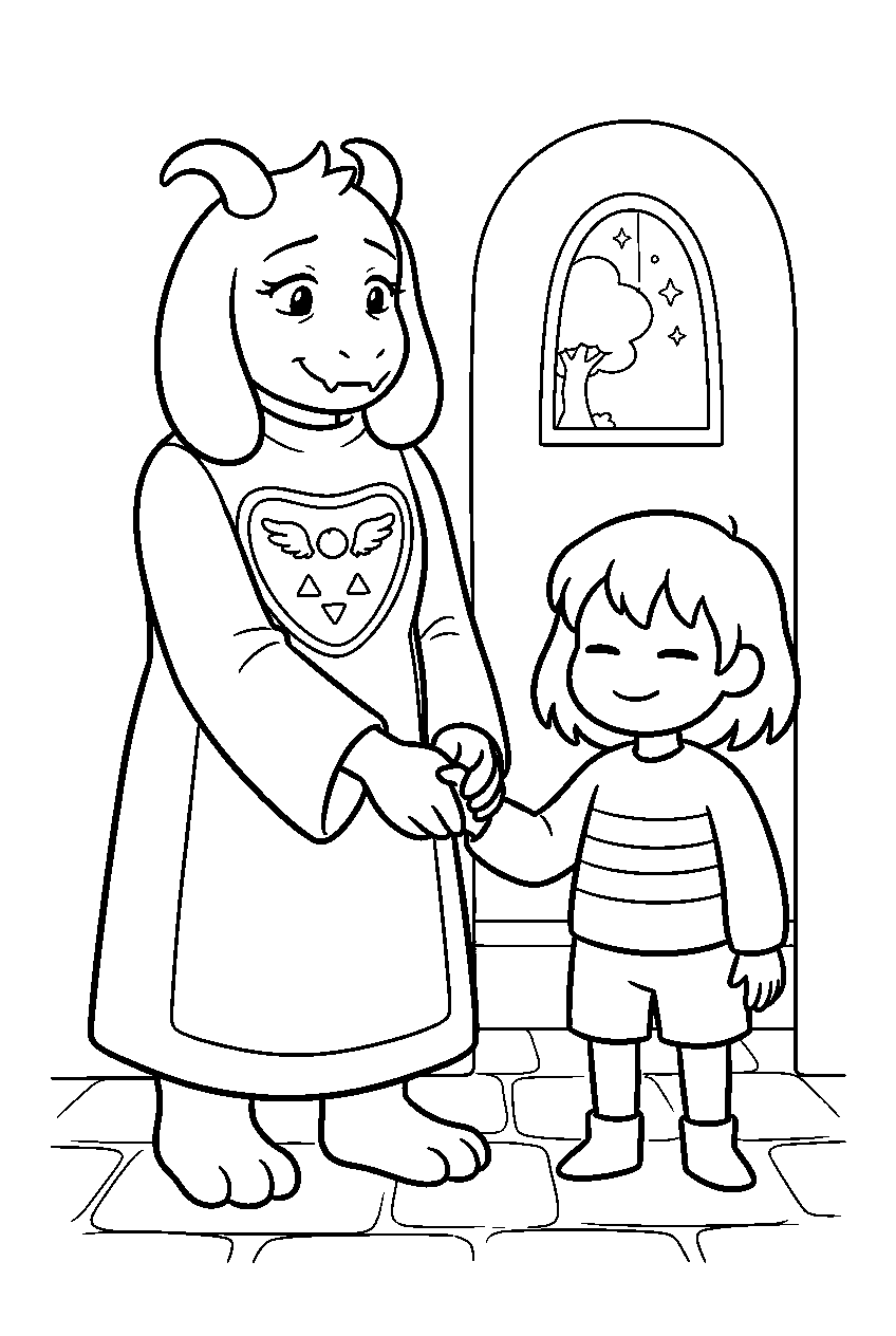 undertale toriel holding frisk s hand line art