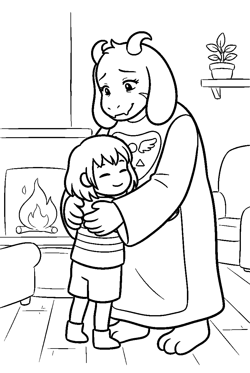 undertale toriel hugging frisk at home line art