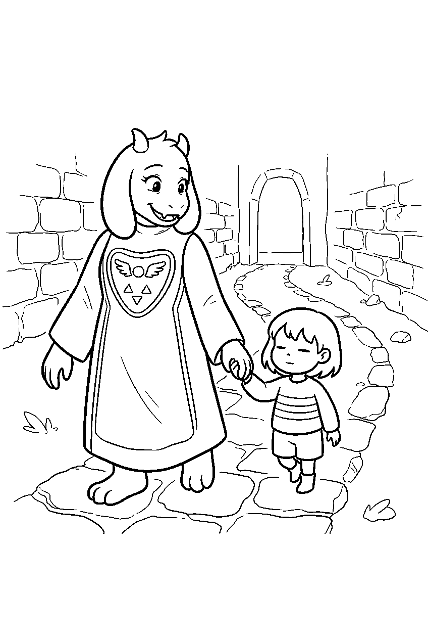 undertale toriel leading frisk along a ruins path line art