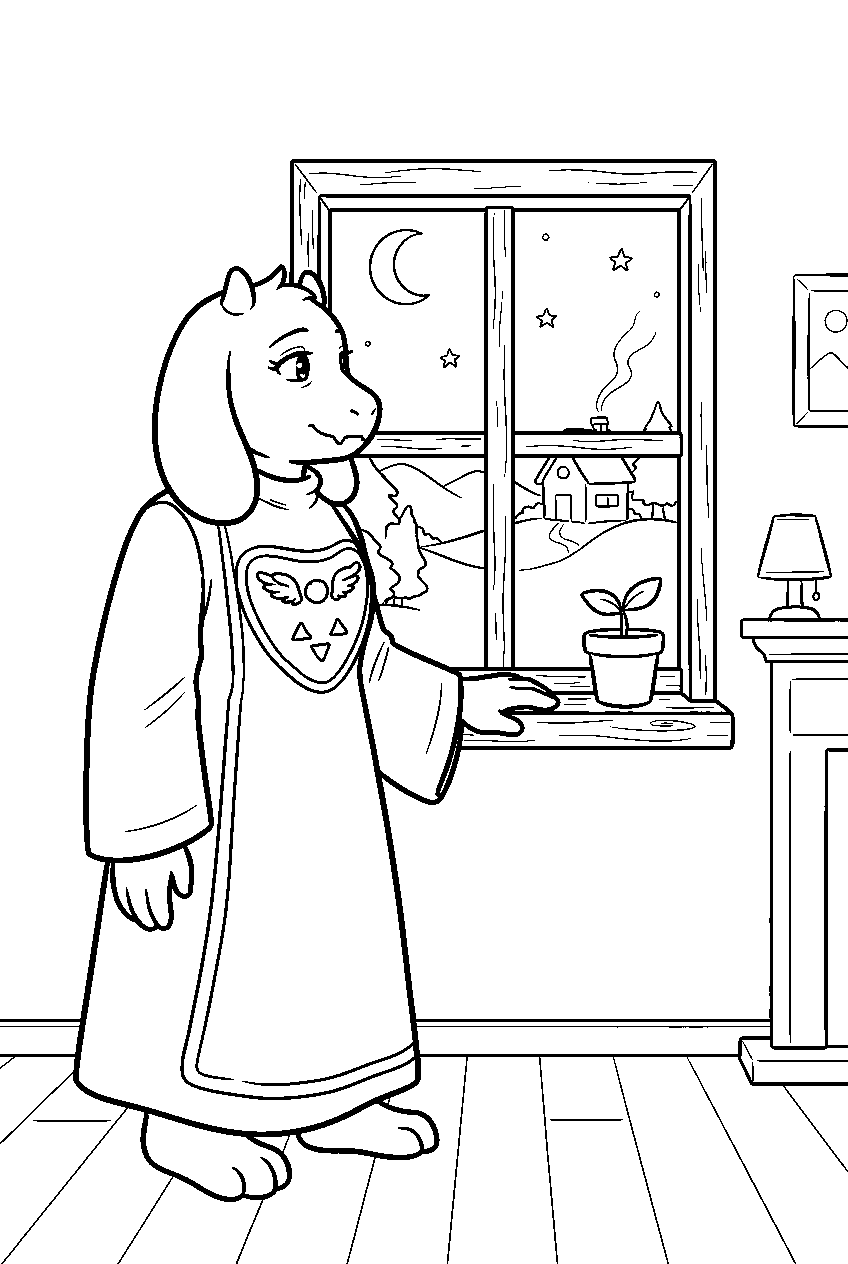 undertale toriel looking out a window at home line art