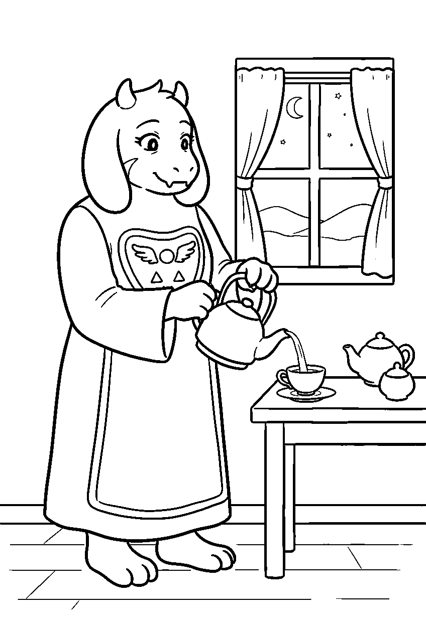 undertale toriel pouring tea beside a window line art
