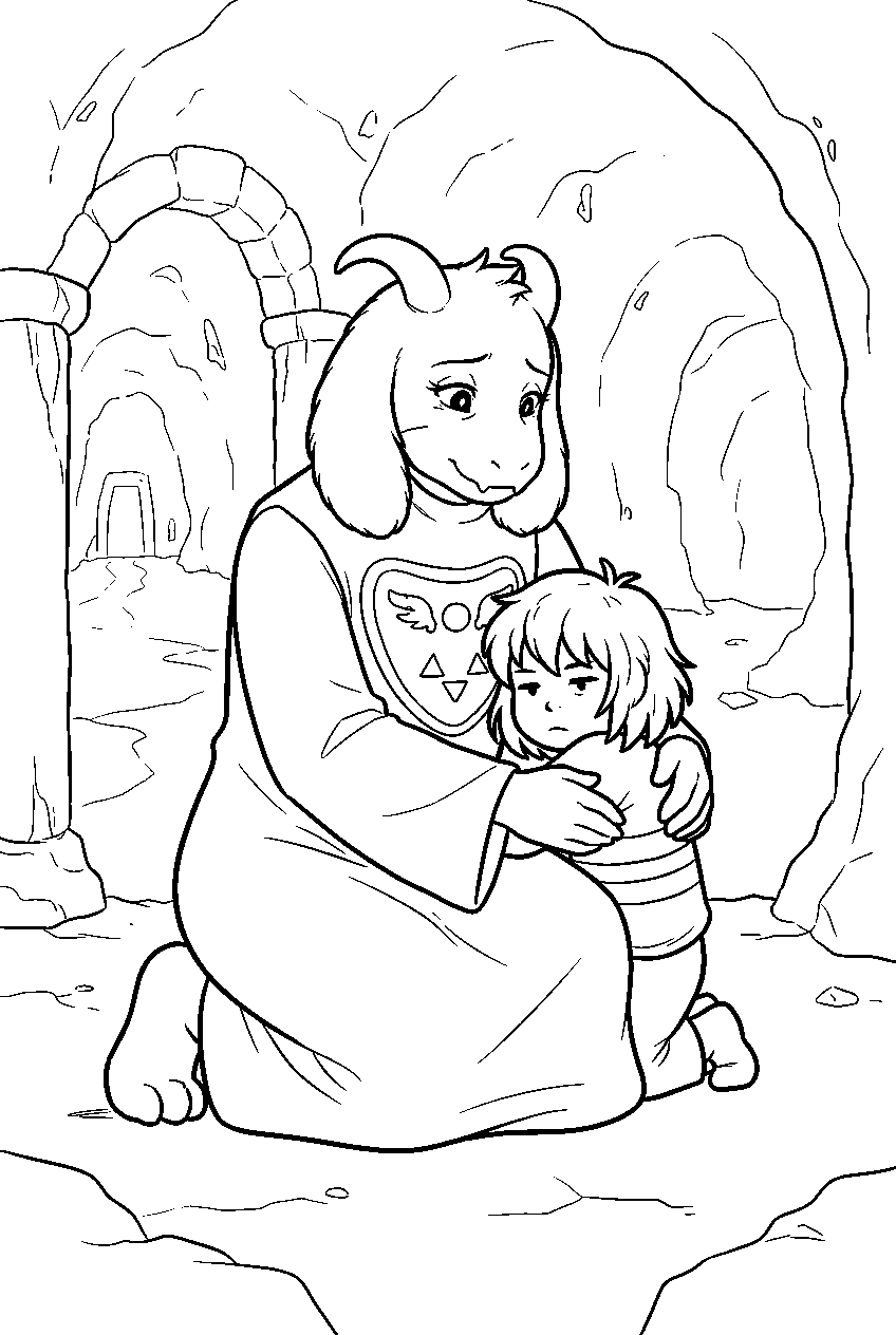 undertale toriel protecting frisk in the ruins line art
