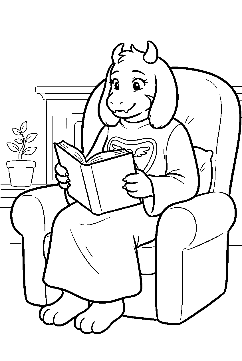 undertale toriel reading a book in an armchair line art