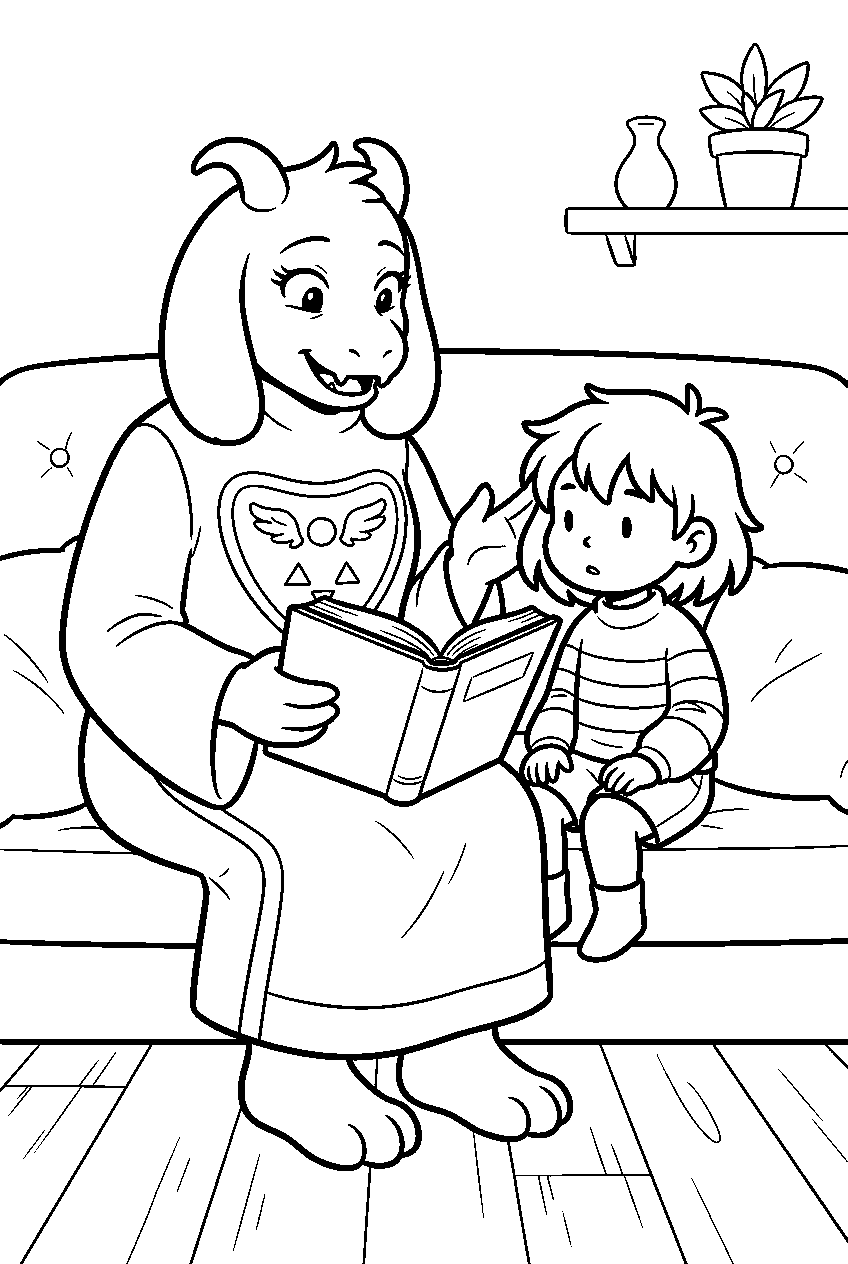 undertale toriel reading a book to frisk line art
