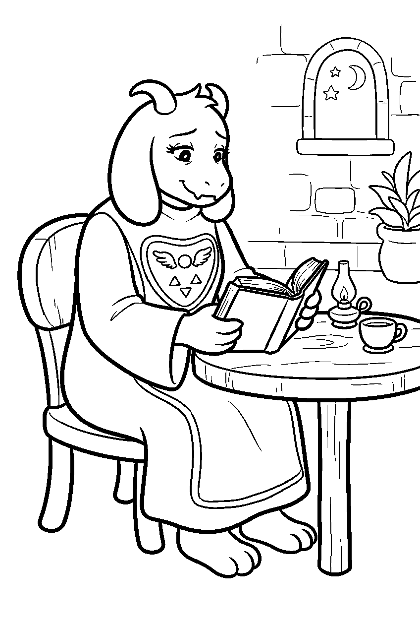 undertale toriel reading at a small table line art
