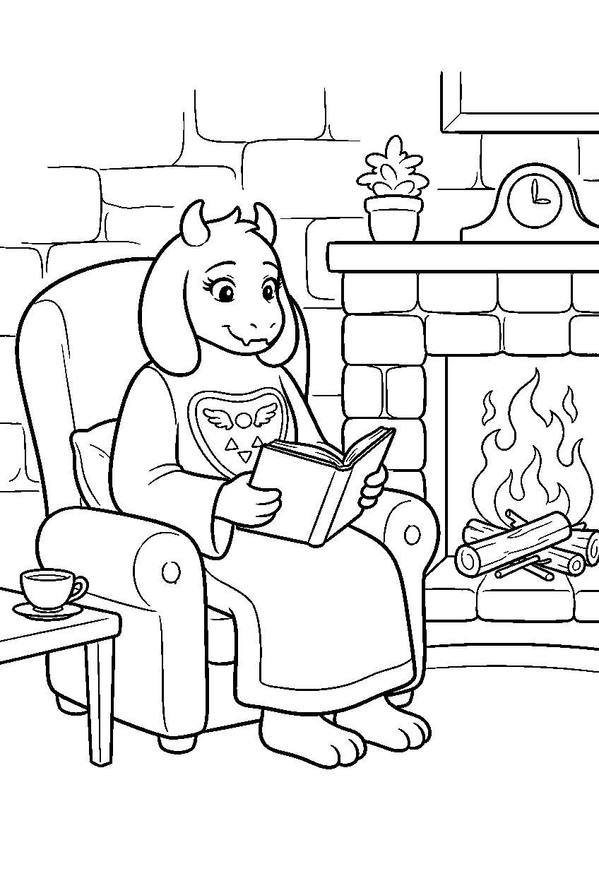 undertale toriel reading beside the fireplace line art