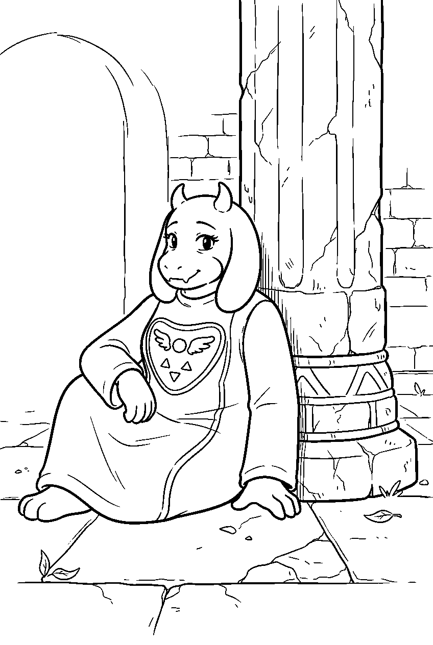 undertale toriel resting beside a ruins pillar line art