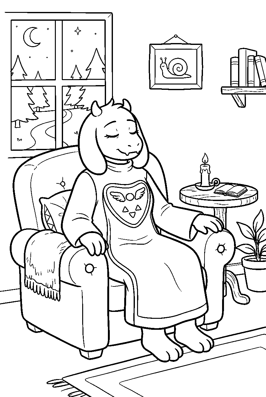 undertale toriel resting in an armchair at home line art