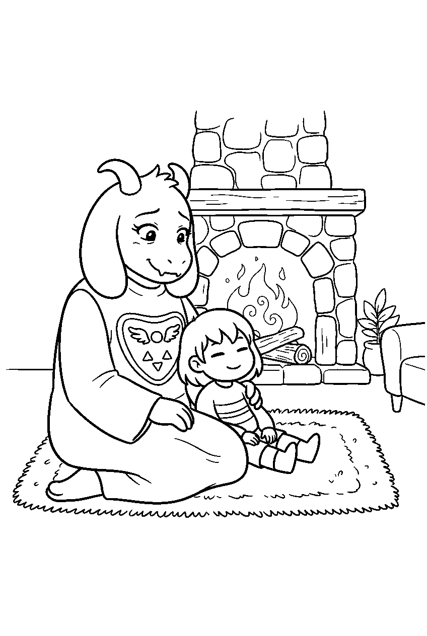 undertale toriel sitting with frisk beside the fireplace line art