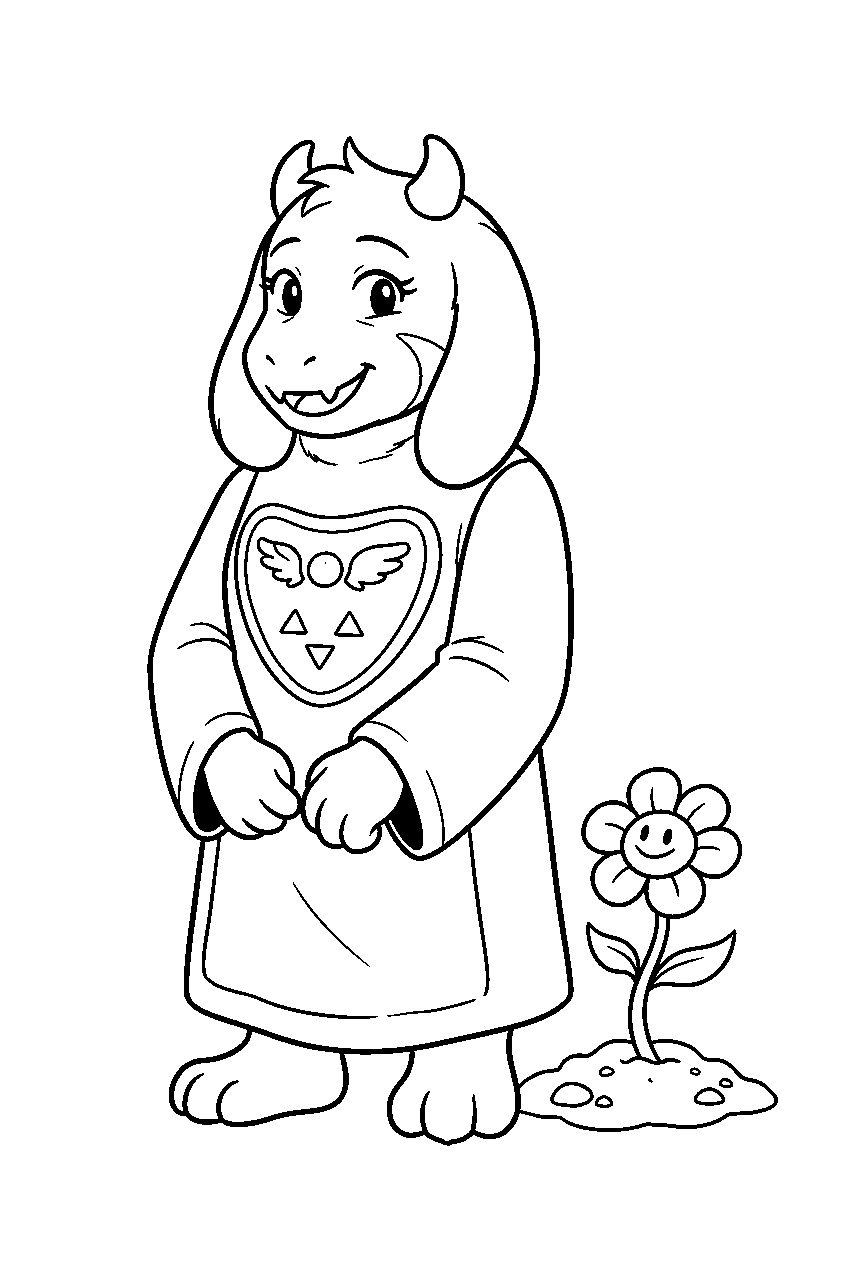 undertale toriel smiling beside a ruins flower line art