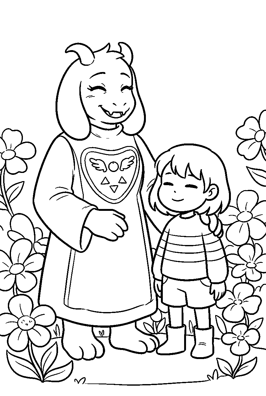 undertale toriel smiling with frisk beside golden flowers line art