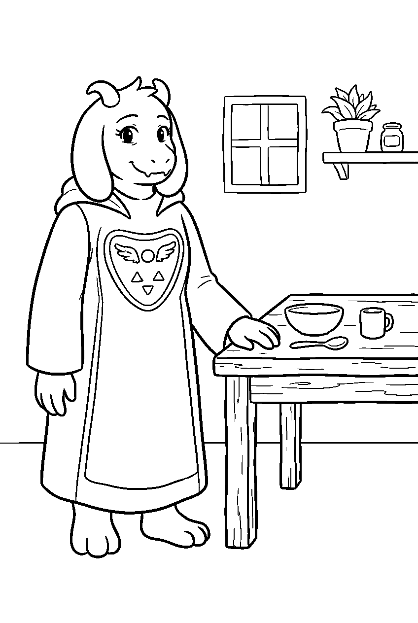 undertale toriel standing beside a kitchen table line art