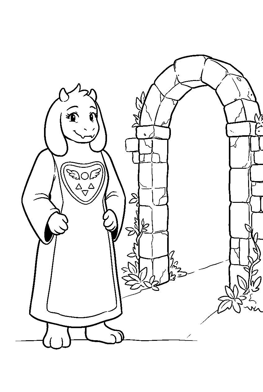 undertale toriel standing beside a ruins archway line art