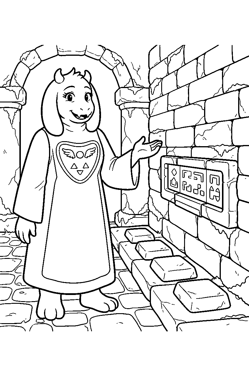 undertale toriel standing beside a ruins puzzle line art