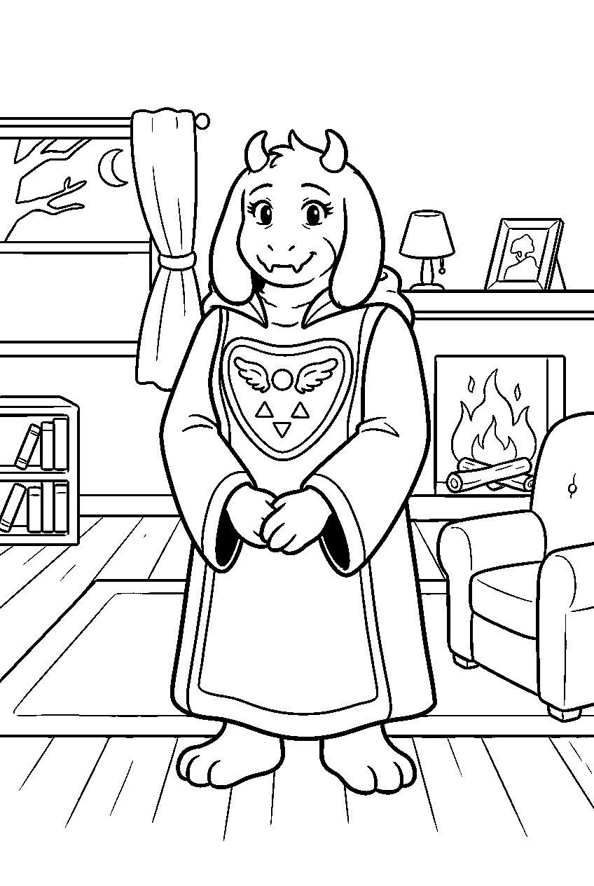 undertale toriel standing in her cozy living room line art