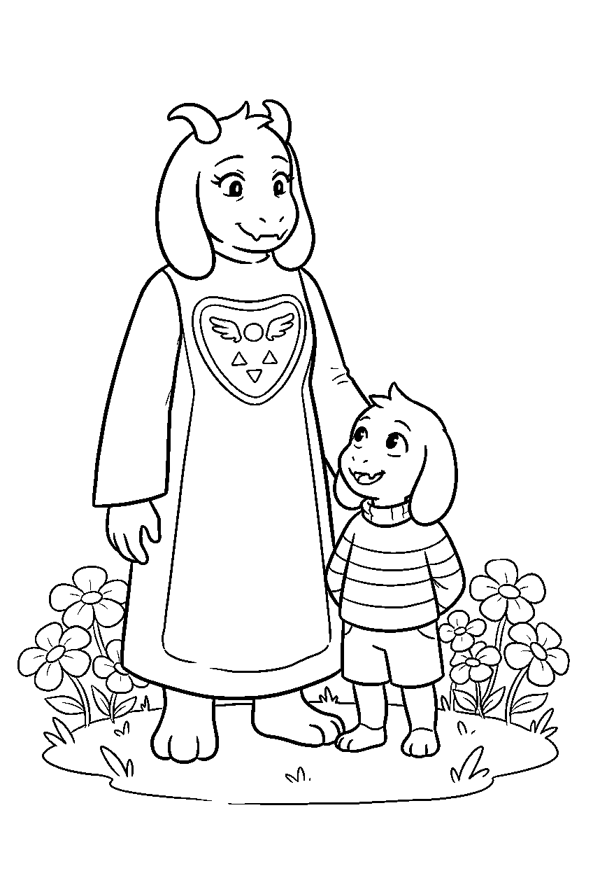 undertale toriel standing with asriel beside golden flowers line art