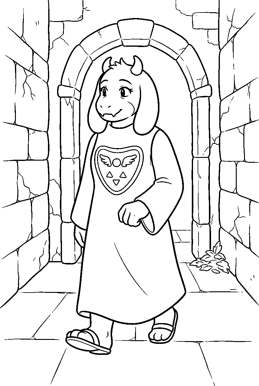 undertale toriel walking down a ruins hallway line art
