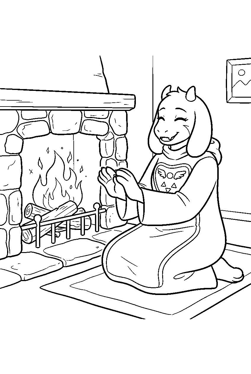 undertale toriel warming her hands by the fireplace line art