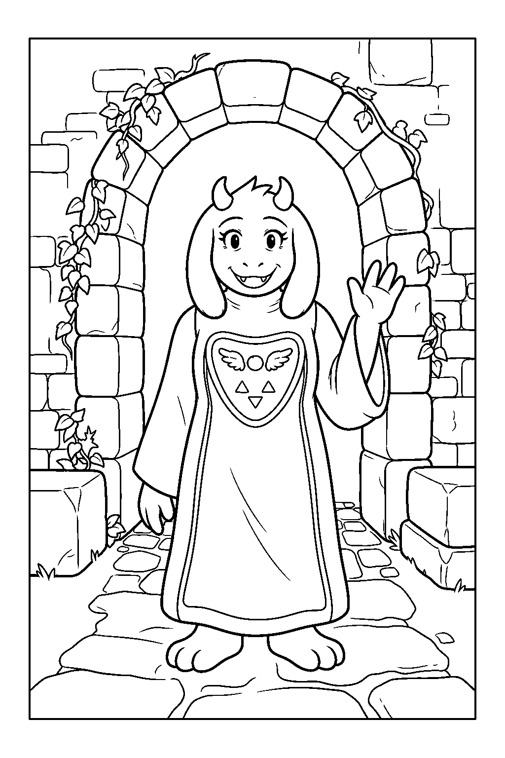 undertale toriel waving at the ruins entrance line art