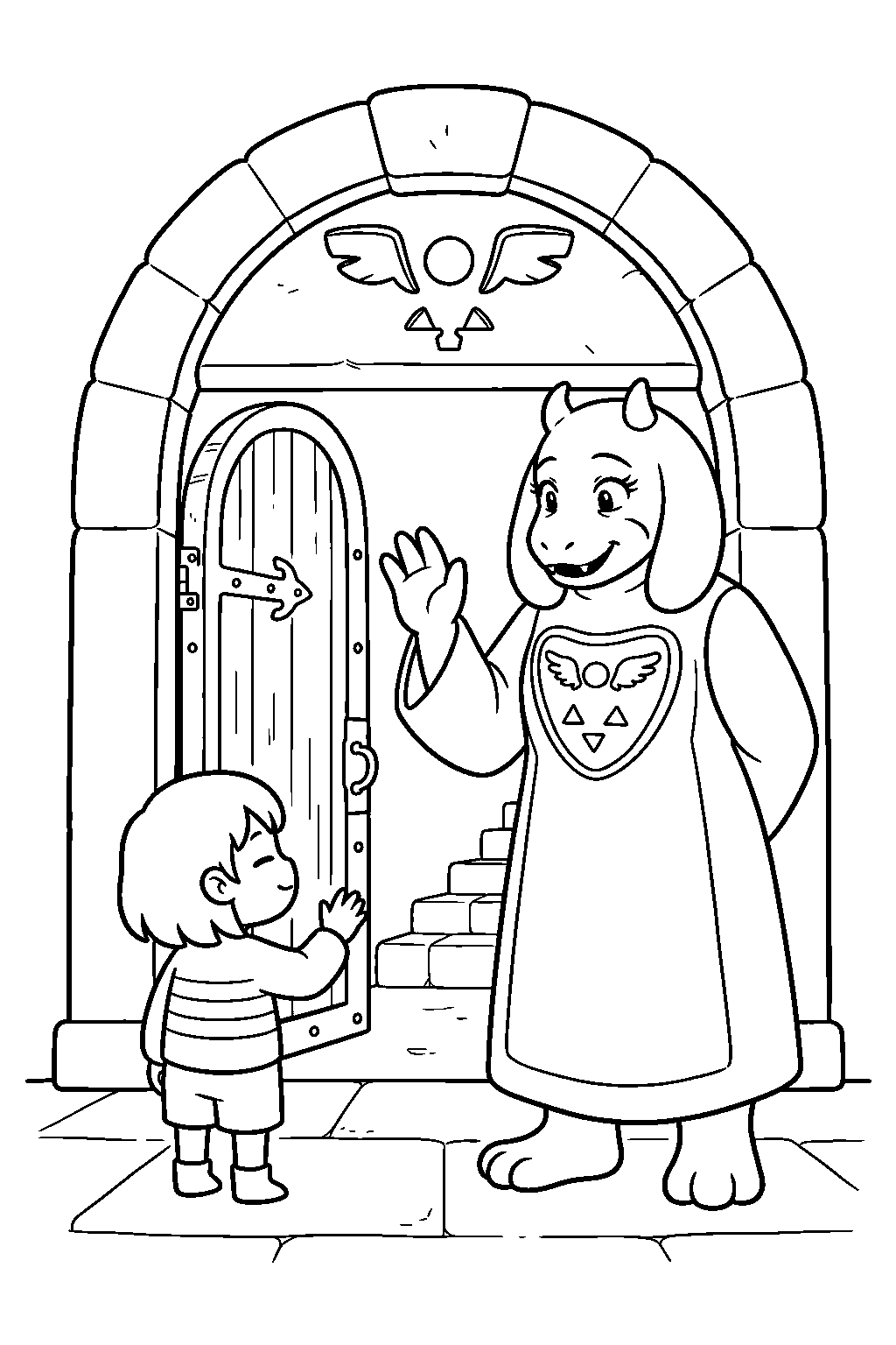 undertale toriel waving goodbye to frisk at the ruins door line art