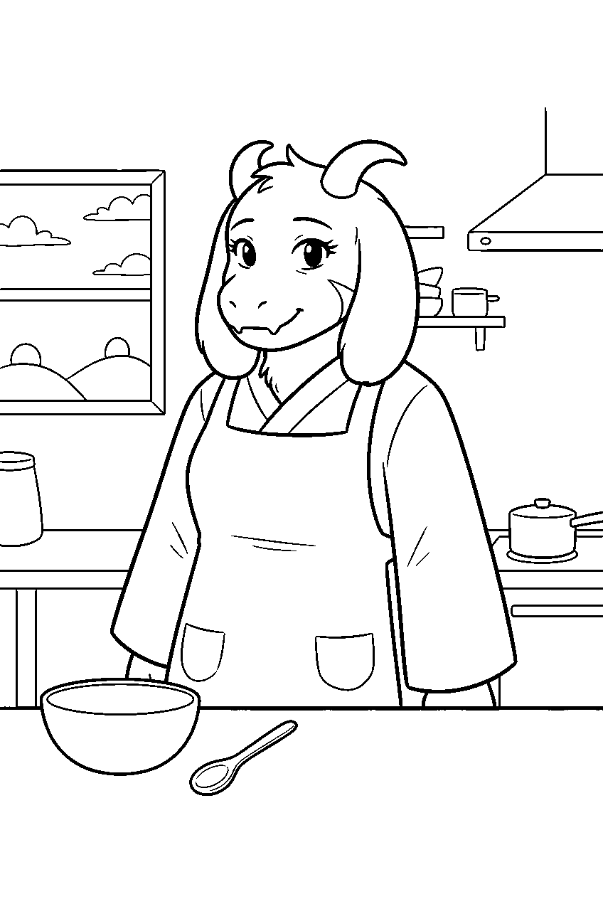 undertale toriel wearing an apron in the kitchen line art