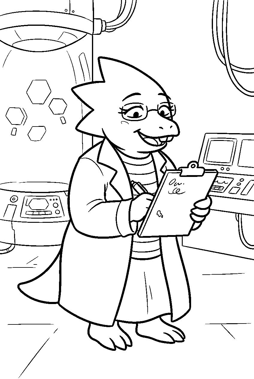 undertale alphys holding a clipboard in the hotland lab line art