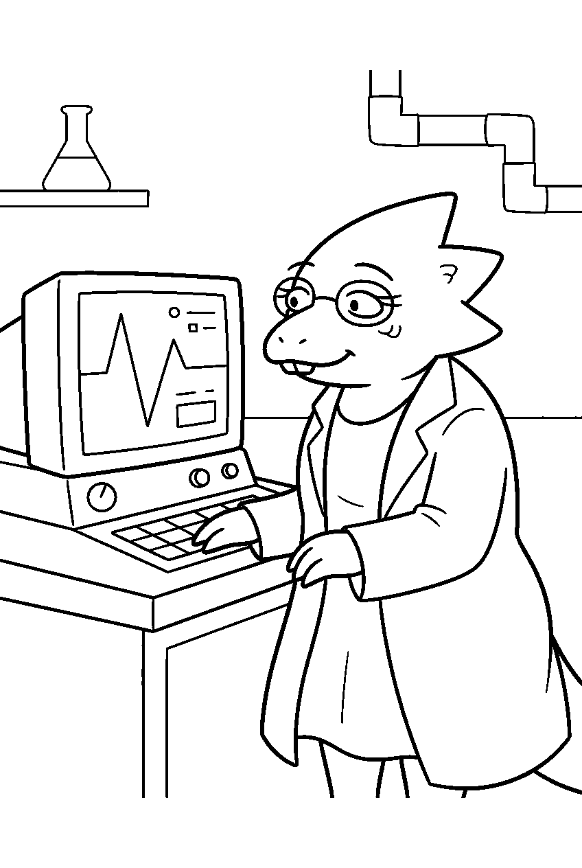 undertale alphys standing near a laboratory monitor line art