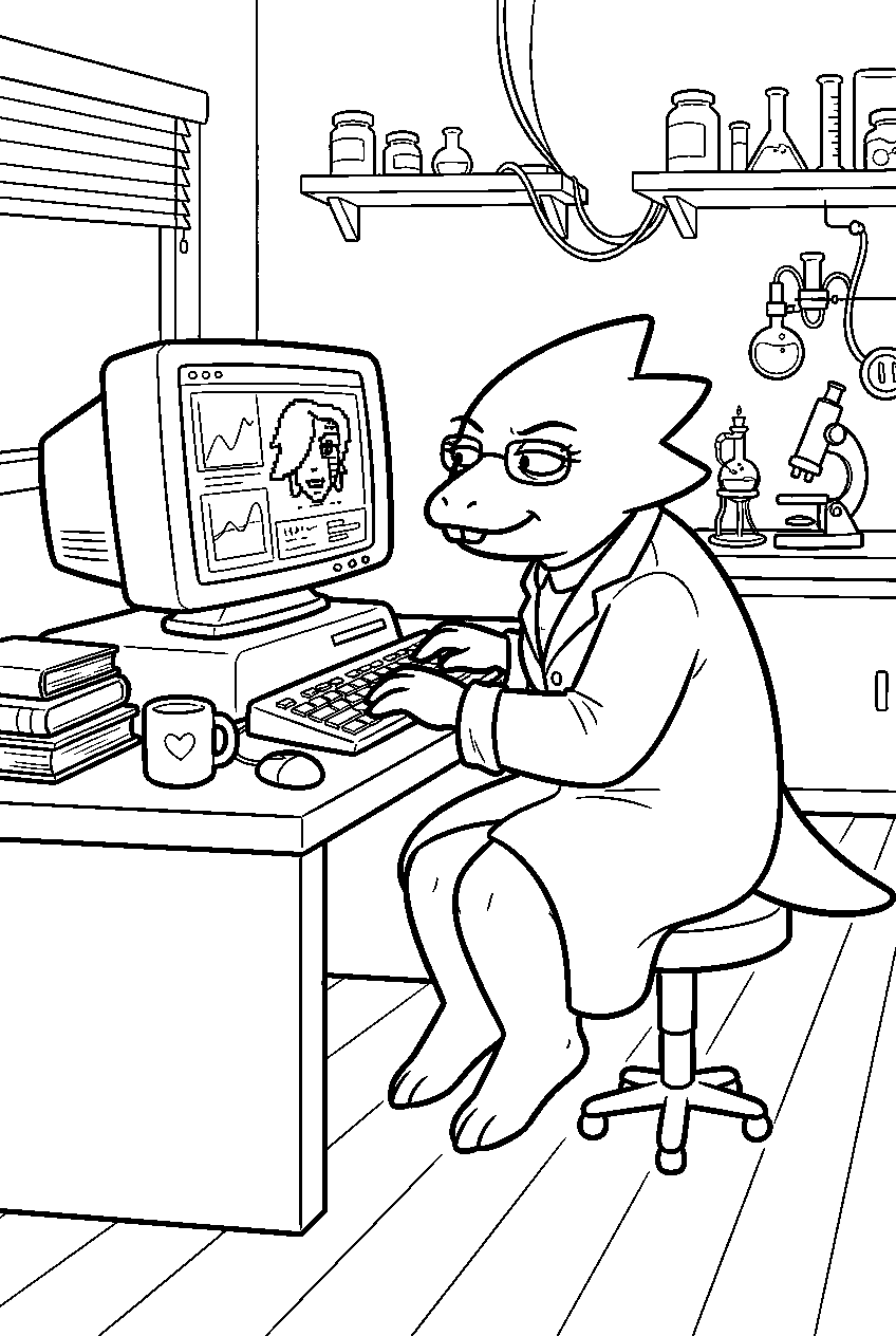 undertale alphys working at a computer in her lab line art