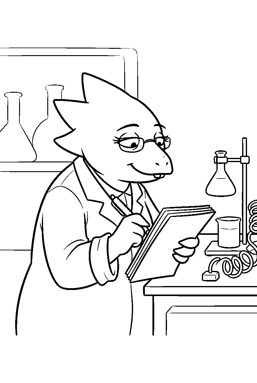 undertale alphys writing notes beside lab equipment line art
