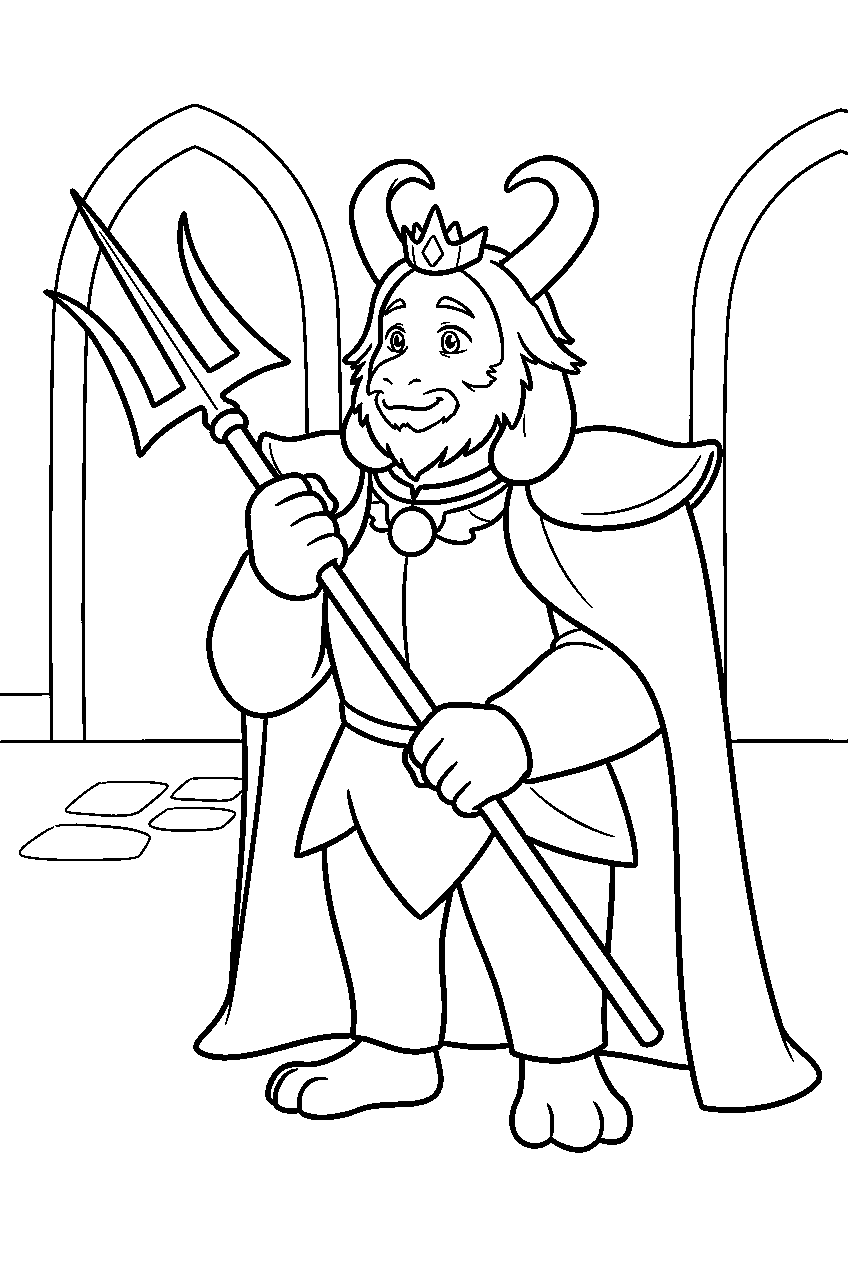 undertale asgore dreemurr standing with a trident in the castle hall line art