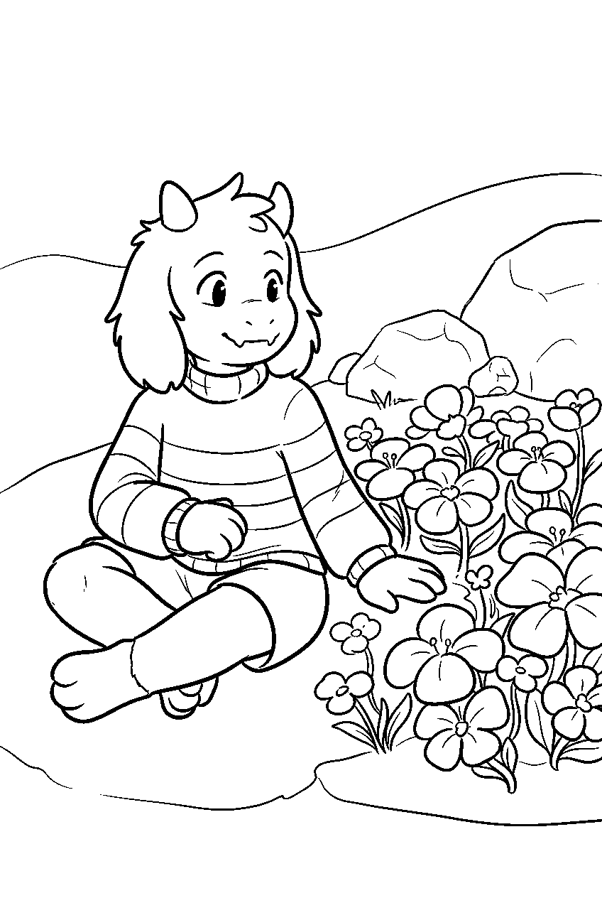 undertale asriel dreemurr sitting beside a golden flower bed line art