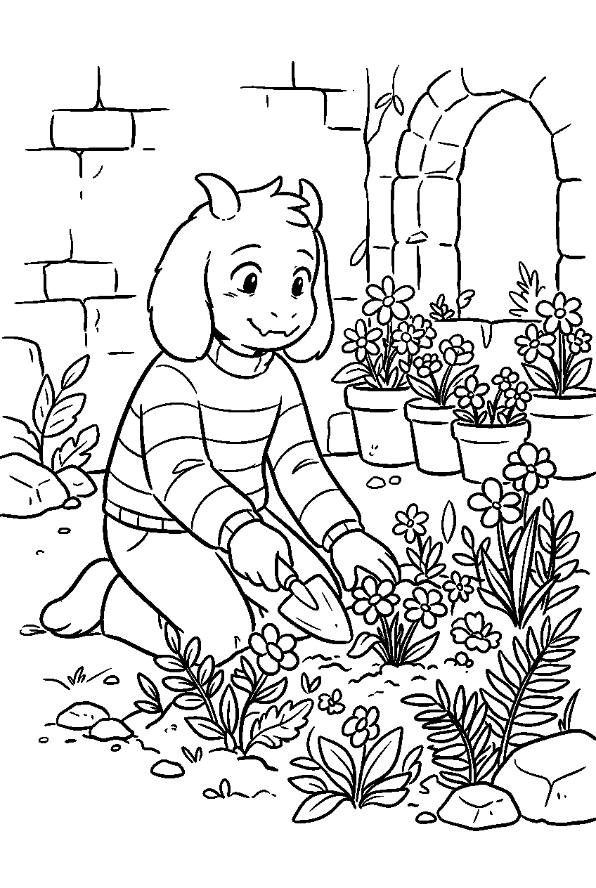 undertale asriel dreemurr tending flowers in the ruins line art