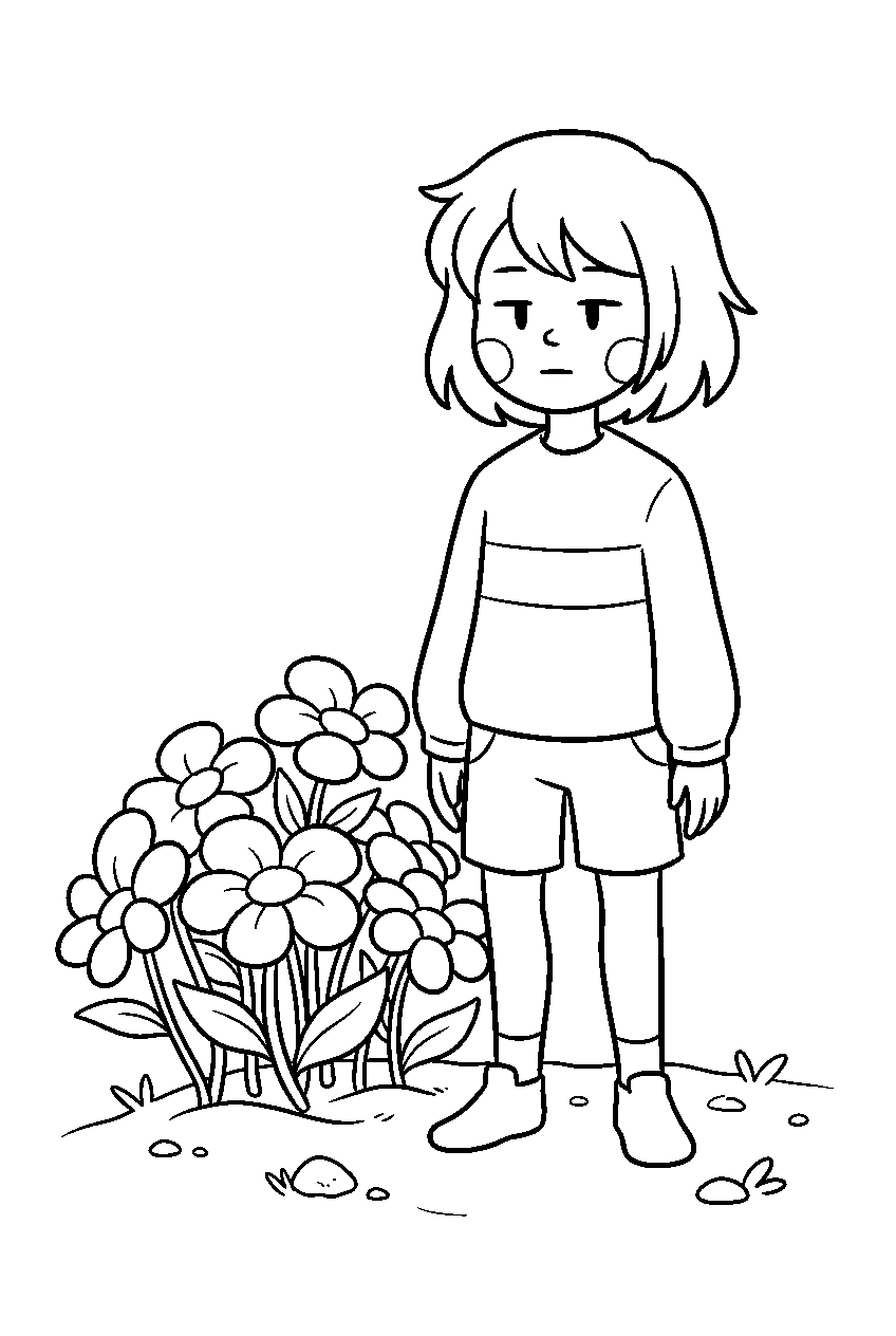 undertale chara standing beside golden flowers line art