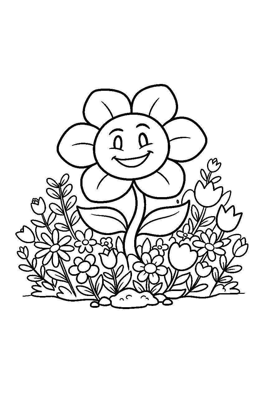undertale flowey peeking out of a flower bed line art