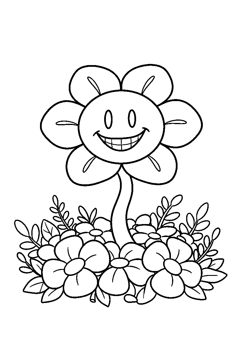 undertale flowey rising from a patch of golden flowers line art