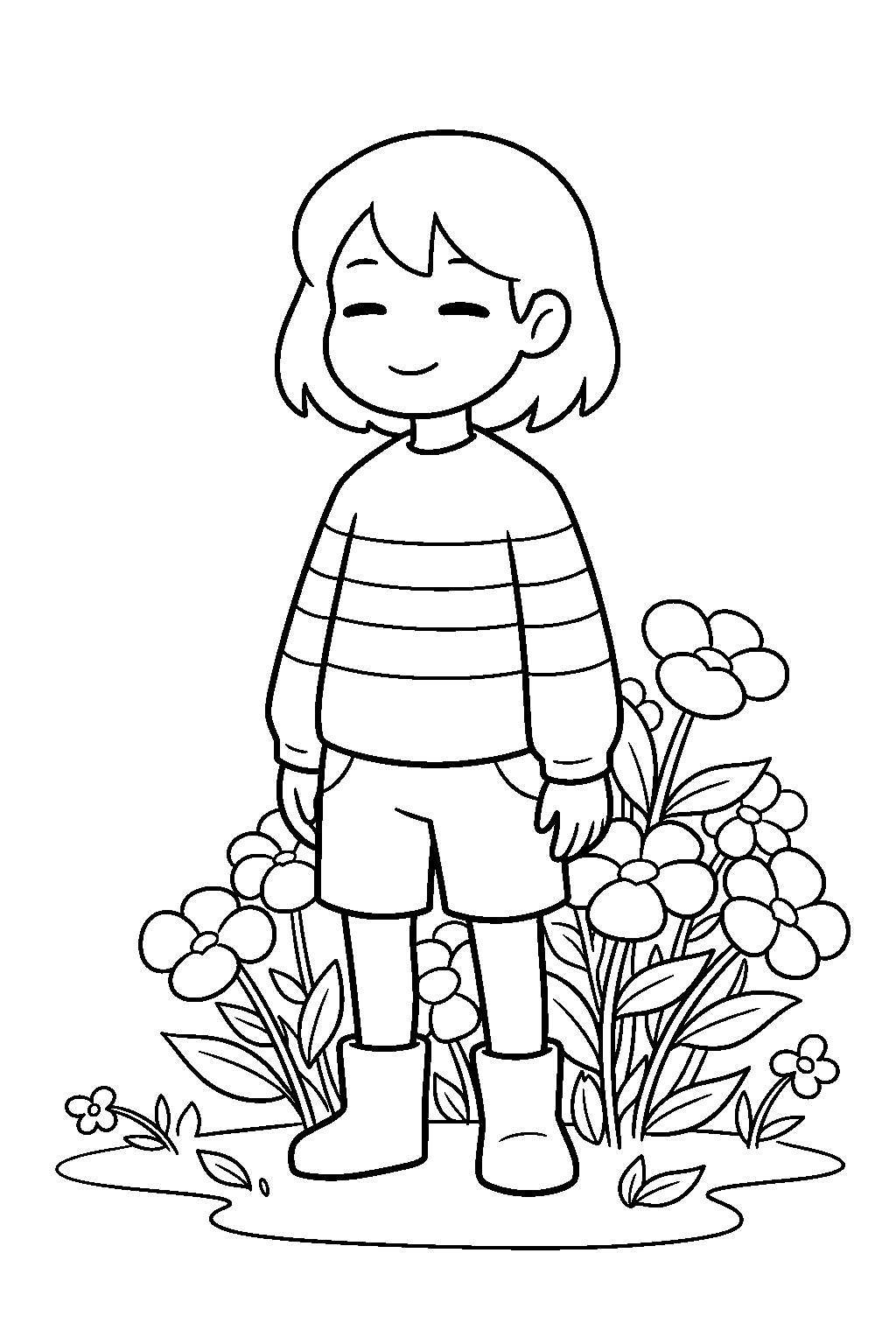 undertale frisk standing beside golden flowers line art