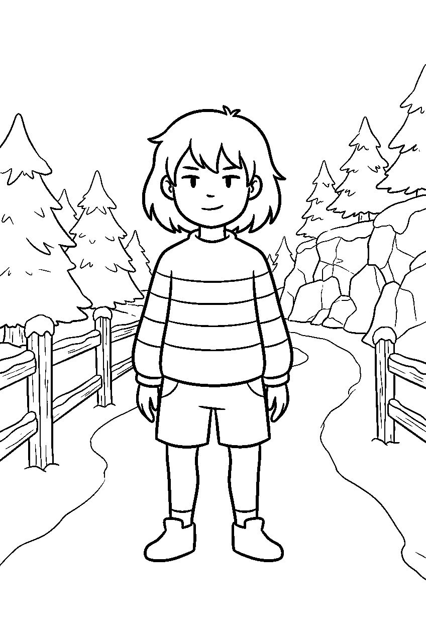 undertale frisk standing on a snowdin path line art