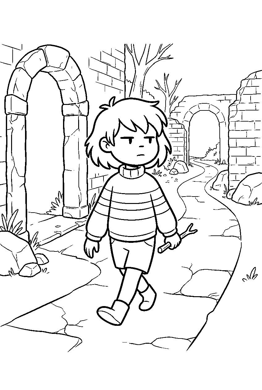 undertale frisk walking through the ruins line art