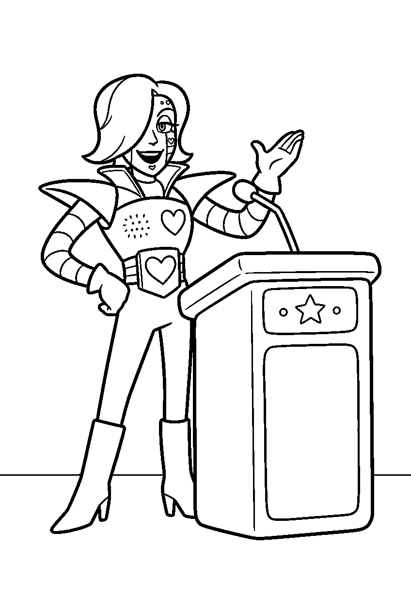 undertale mettaton standing beside a game show podium line art