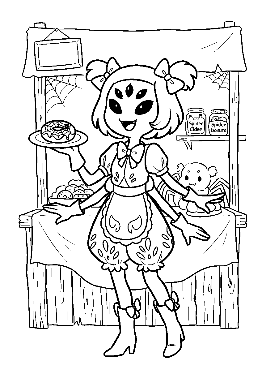 undertale muffet serving a pastry at the spider bake sale line art