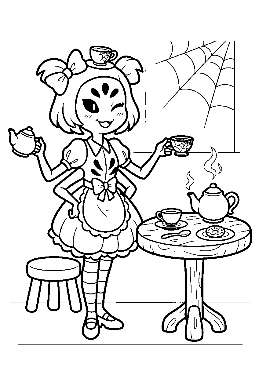 undertale muffet smiling beside a tea table line art