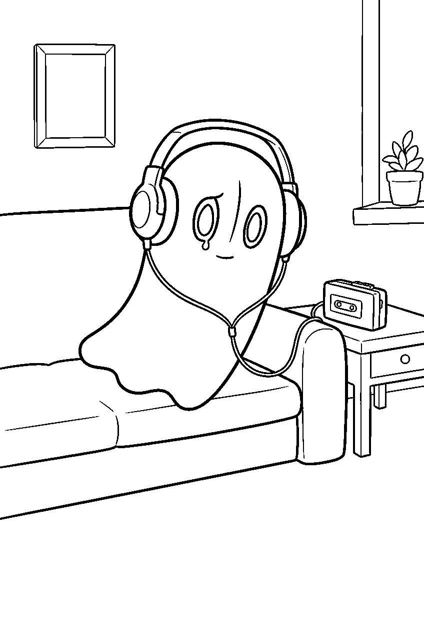 undertale napstablook listening to music at home line art