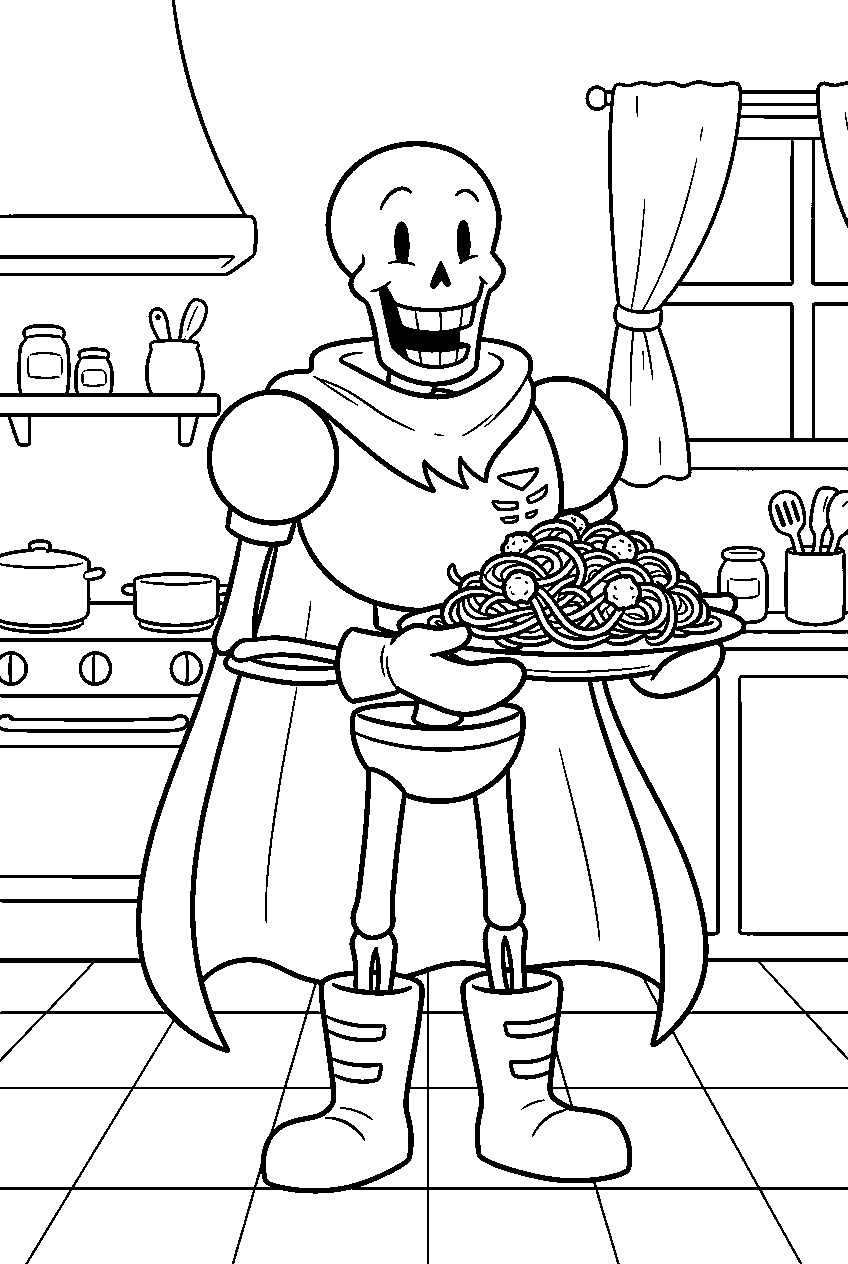 undertale papyrus holding a plate of spaghetti in his kitchen line art