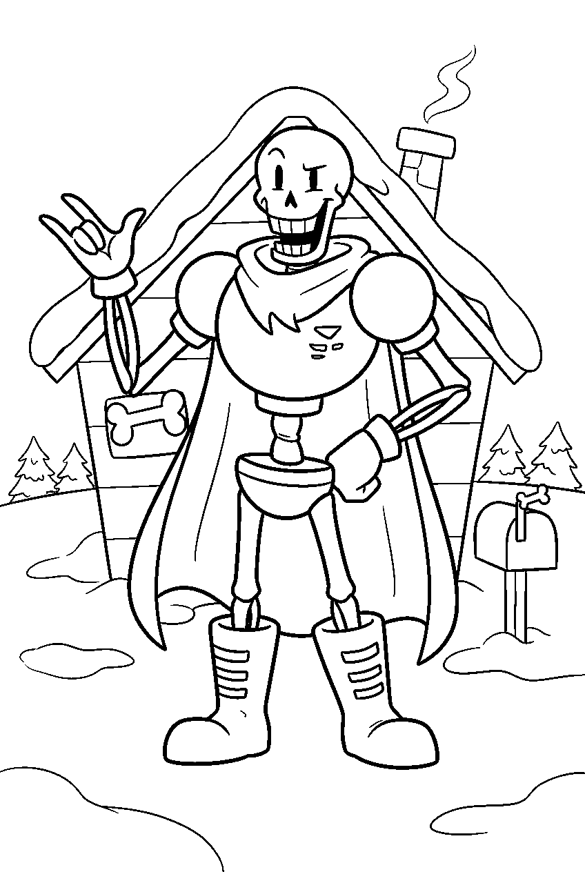 undertale papyrus posing outside his snowdin house line art