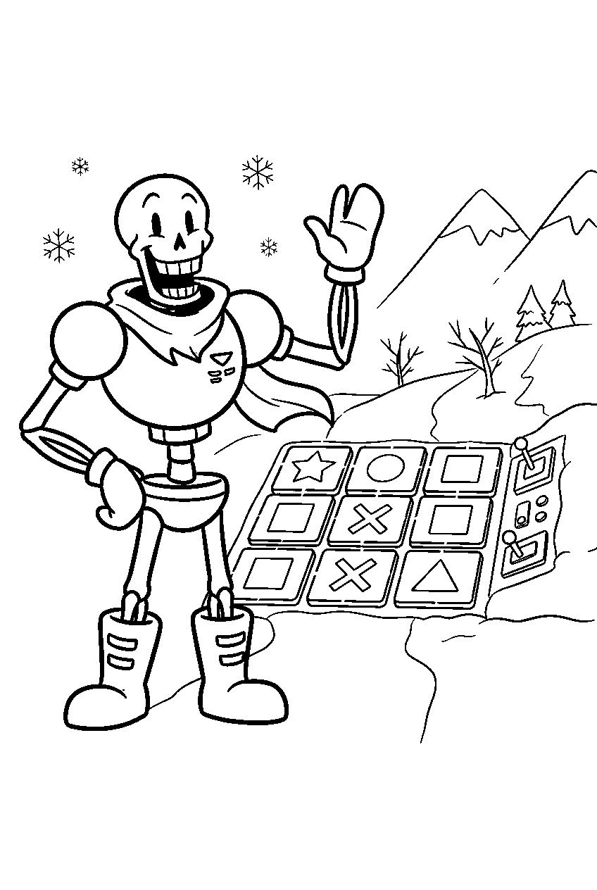 undertale papyrus waving beside a snowdin puzzle line art