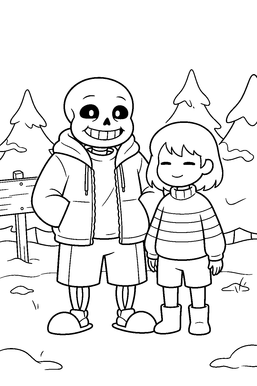 undertale sans and frisk standing together in snowdin line art