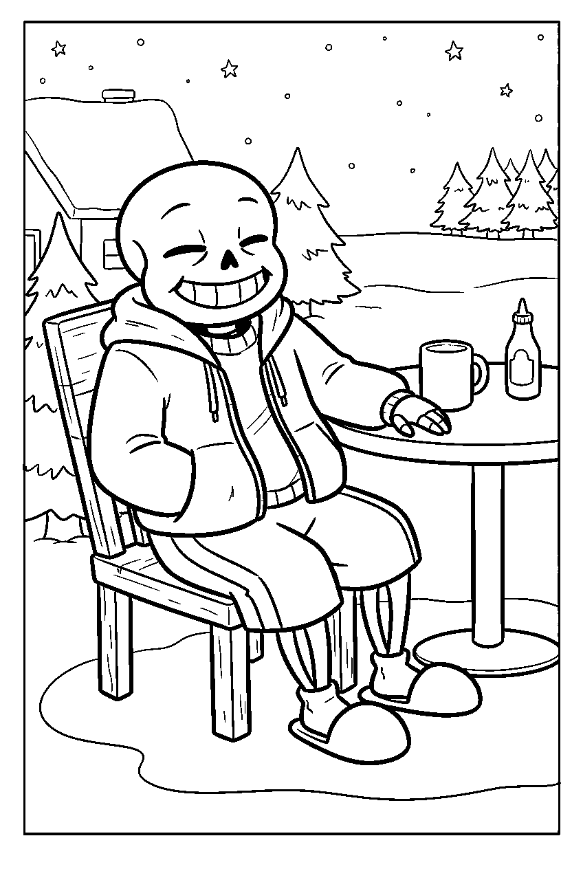 undertale sans relaxing beside a table in snowdin line art