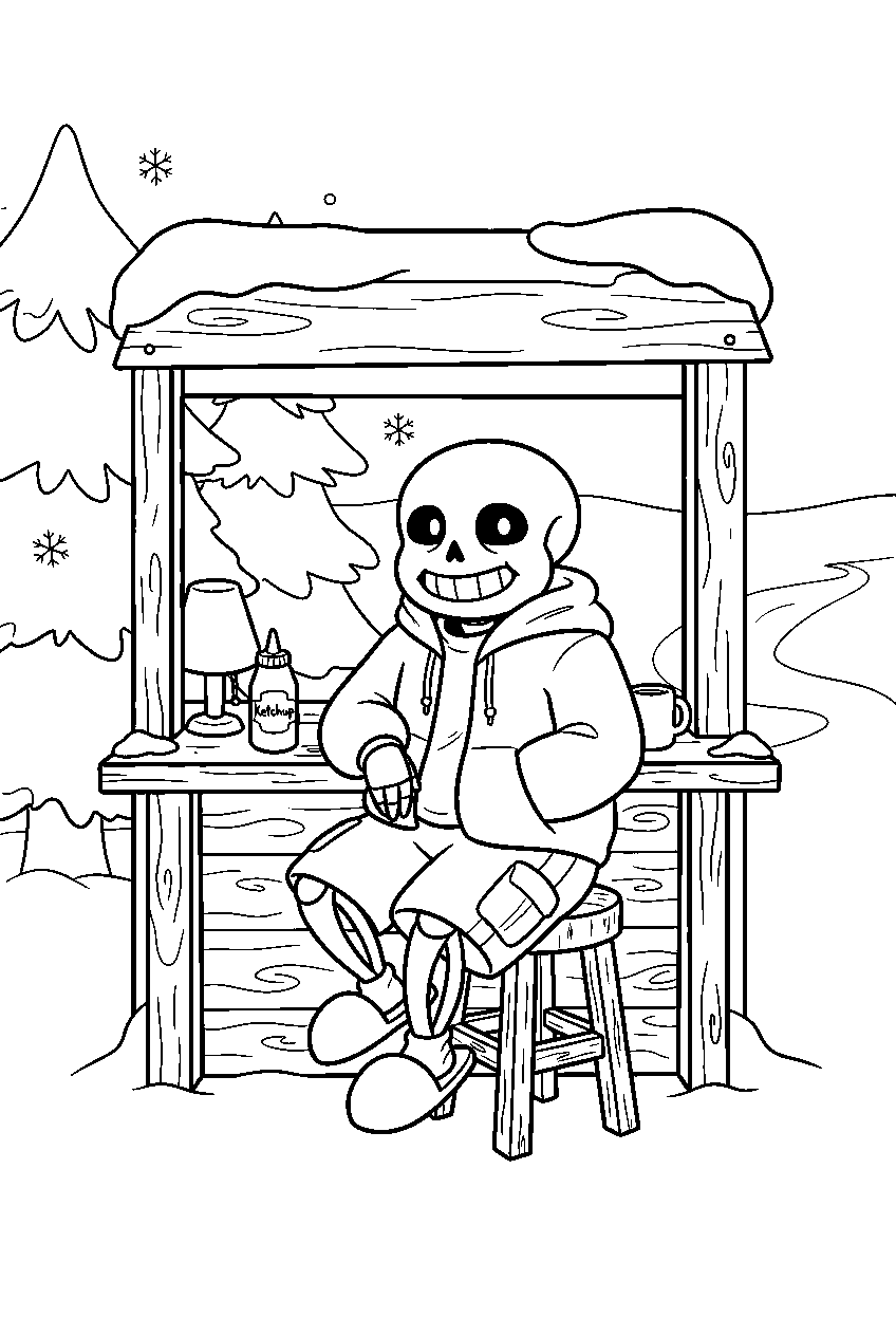 undertale sans sitting at a snowdin sentry station line art