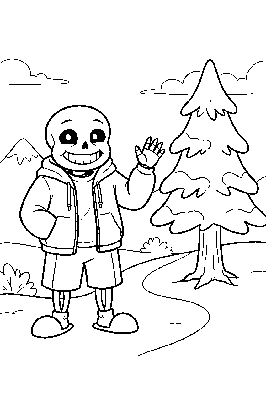 undertale sans waving beside a snowy tree line art